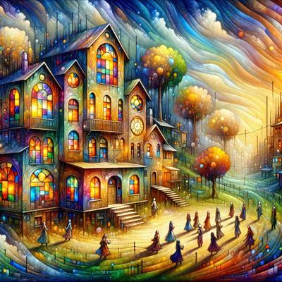 Primary subject: A large, colorful house with a clock tower and a group of people walking in front of it.

Setting/background: The house is situated in a lush green field, with trees and a sky visible in the background.

Visual style: The image is a painting, featuring a vibrant and artistic style.

Colors and mood: The painting is predominantly colorful, with a warm and inviting atmosphere.